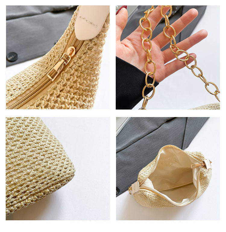 South Korea ins Vintage Woven Tote Bag Straw Bag Large Capacity Underarm Bag Shoulder Bag Vacation Style Beach Bag for Women