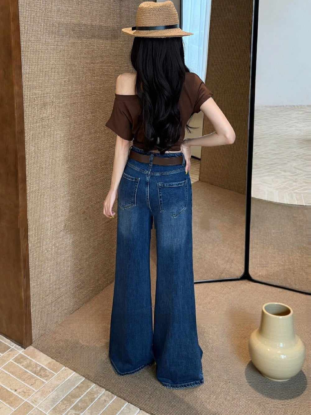 Quality Denim Wide-Leg Pants for Women2025New Autumn Casual High-Waisted Loose Flared Slimming Straight Pants