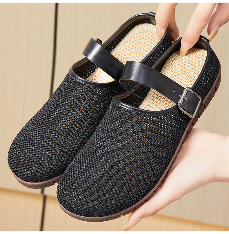 Shoes Women's Casual New Style Versatile Soft Sole Sandals insF French Style Women's Outdoor Slippers Flyknit Mesh Closed Toe Half Slipper