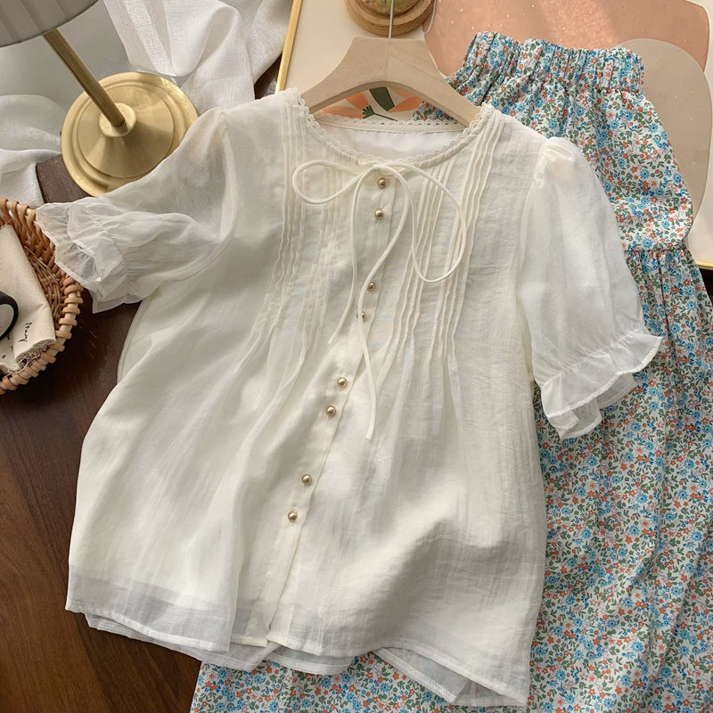 Real Shot◆Private Server Edition！French Style Round Neck Breathable Comfortable Light Pink Lace-Up Loose Shirt Chiffon Blouse