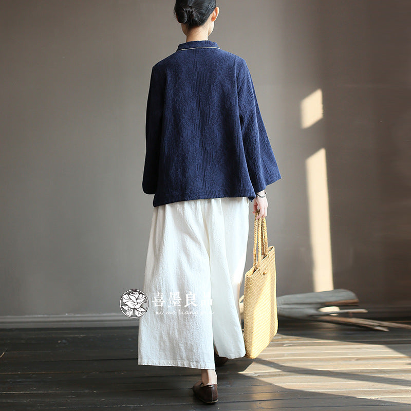8813Xi Mo Women's Clothing Republic of China Retro Artistic Spring and Autumn New Double Layer Jacquard Button Shirt Chinese Style Short Top
