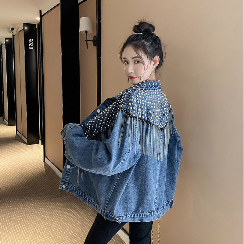 European and American New Style Tassel Heavy Embellished Rhinestone Rivet Long Sleeve Korean Version Loose Slimming Fashion Beaded Denim Jacket for Women