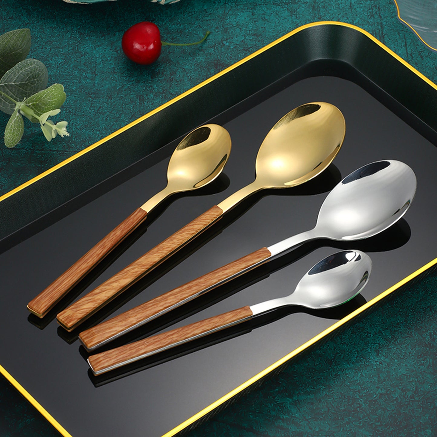 Stainless Steel Clip Handle Tableware Japanese and Korean ins Imitation Wood Grain Handle Steak Knife Fork Spoon Set Wooden Handle Dessert Spoon