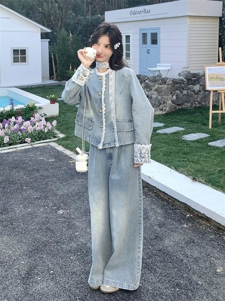 Lace patchwork denim wide-leg pants set for women spring and autumn2025The new two-piece set is absolutely stunning and super trendy