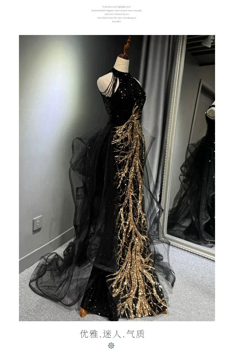 New Evening Dress Black High-End Slim Fit Elegant Socialite Host Halter Neck Mermaid Dress Wedding Toast Dress