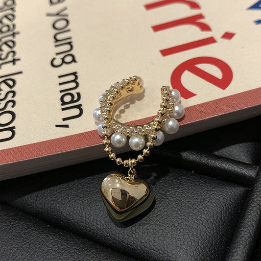 Diamond-encrusted Pearl Heart Tassel Ear Clip Artistic Retro French Ear Cuff Fashionable and Elegant Light Luxury Earrings Wholesale