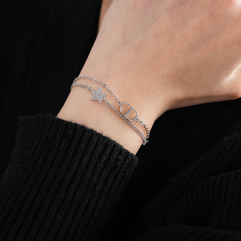 Zircon Star Pig Nose Double Layer Bracelet Niche Light Luxury High-end Versatile Fashion Commuting Vintage Jewelry