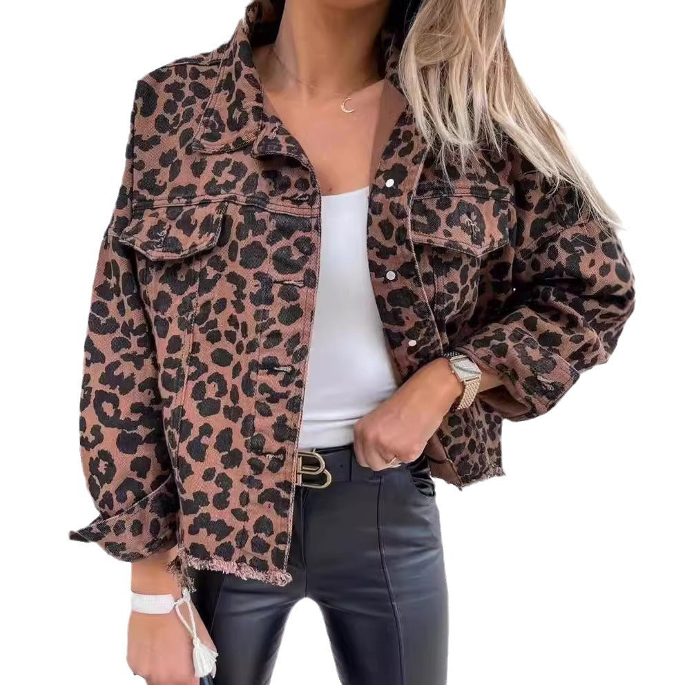 2024Amazon European and American Cross-Border Hot Trendy Washed Vintage Leopard Print Frayed Denim Jacket for Women