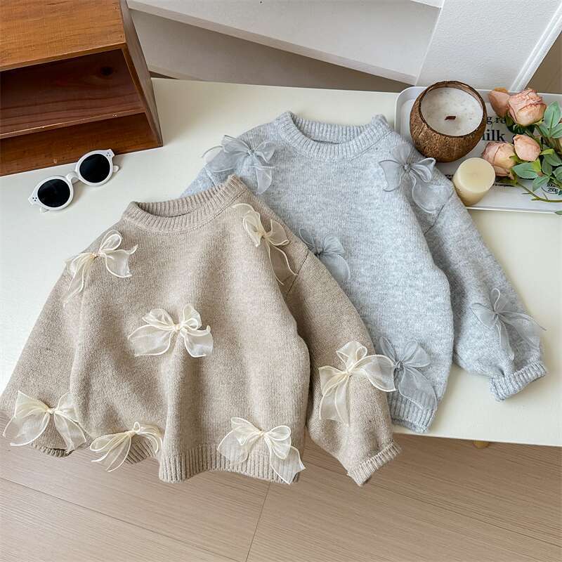 Sweet Little Sister Korean Children's Sweater Spring and Autumn New Fashionable Girls' Korean Style Fashionable Children's Bow Knitted Sweater