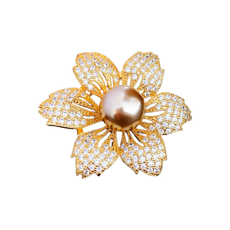 Real Gold Plated Zircon Flower Pearl Brooch Fashionable Elegant Pin Light Luxury High-end Accessories Factory Wholesale