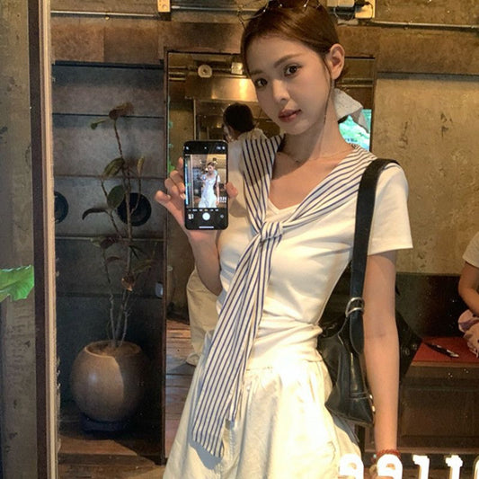 White navy collar short sleeve t Women's Shirt with Regular Shoulder2025Summer Design Sense Outfit V Collared Slim Fit Short Top