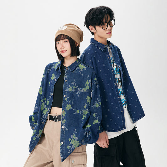 Pattern Jacquard Blue Denim Jacket Men Spring and Autumn Loose Casual Washed Shirt Long Sleeve Shirt Unisex