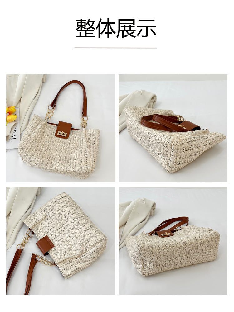 2025Women's Spring New Small Chanel Style Bag for Work Commute Versatile Straw Woven Large Capacity Wide Shoulder Strap Women's Single Shoulder Bag