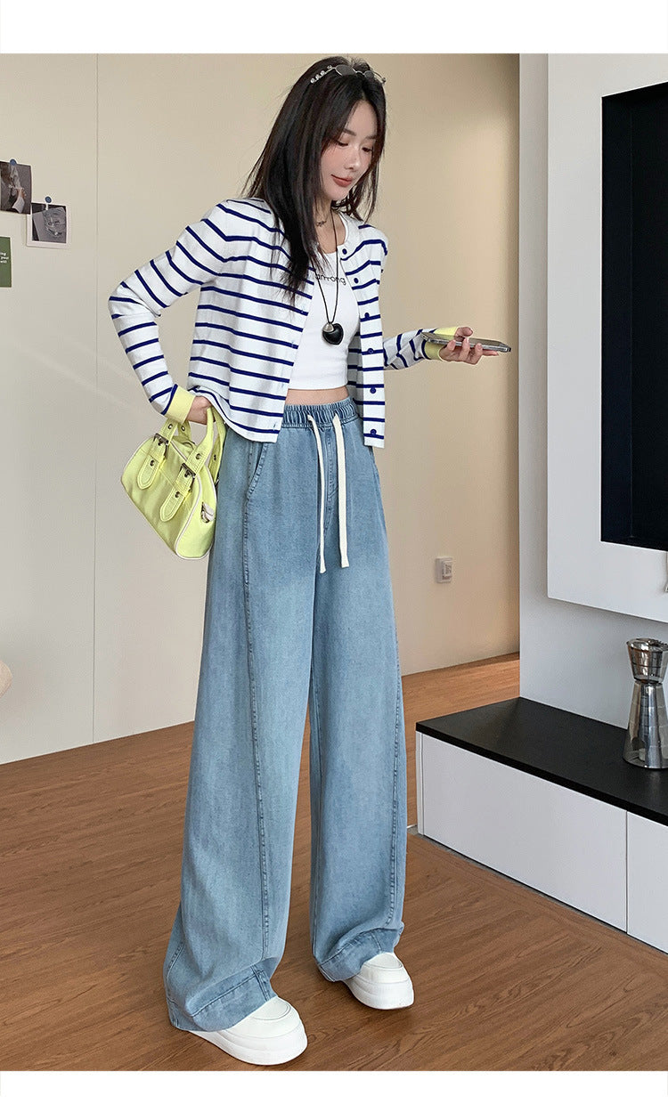 Tencel Jeans for Women Summer Thin Elastic Waist High Waist Draped Large Size Loose Straight Side Seam Front-Moved Wide-Leg Pants