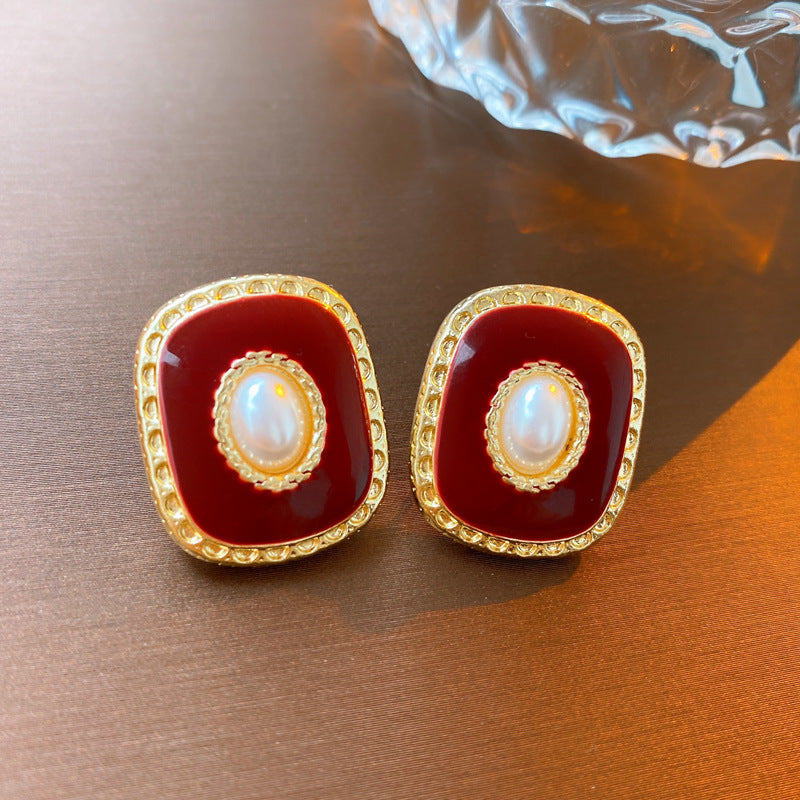 Silver Needle Ancora Red Oil Drop Geometric Earrings Niche Versatile Retro Elegant Studs High-end Fashion Earrings for Women