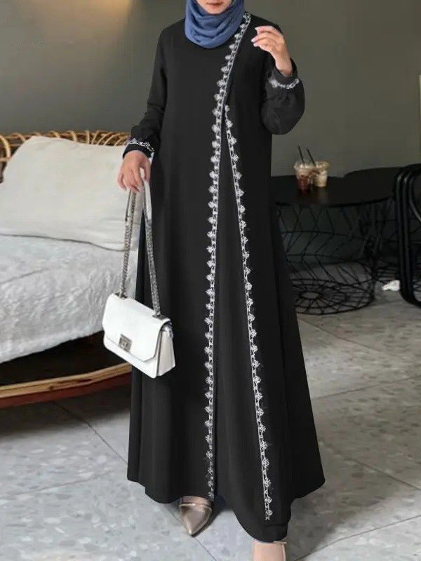 H726#Muslim Women's Clothing Lace Long Robe Dress Fashion Long Sleeve Vest Women's Spring Casual Dress