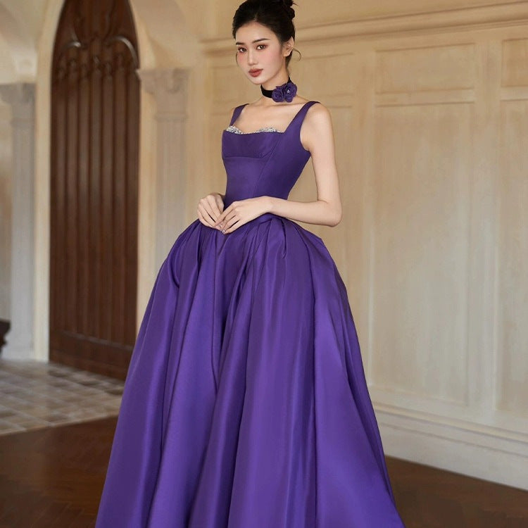 Purple suspender elegant evening dress for birthday party and coming-of-age ceremony2025New Sleeveless Long Dress Satin Elegant Gown