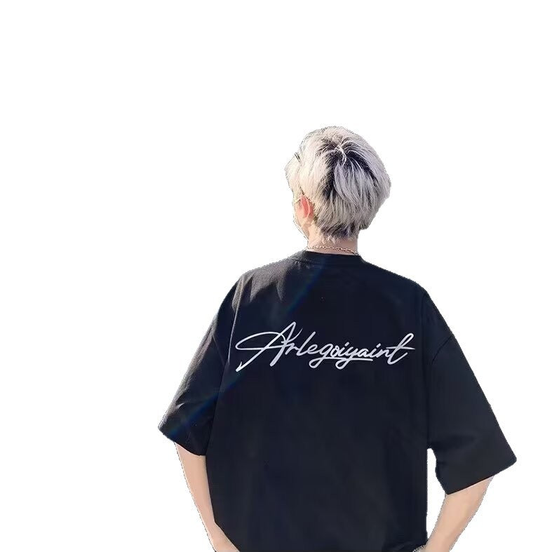 Heavyweight American High Street Letter Print Summer t T-shirt2025Trendy Versatile Men's Casual Cotton Loose Short Sleeve Shirt