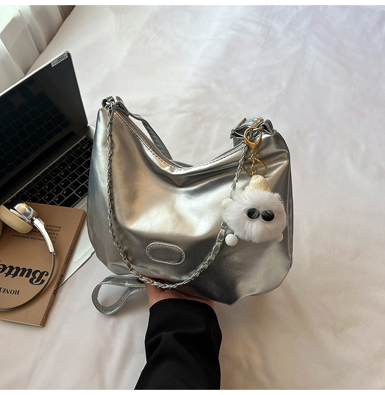 Summer Fashion Simple Casual Soft Surface Fresh Glossy Solid Color Large Capacity Commuter Shoulder Crossbody Bag2025New