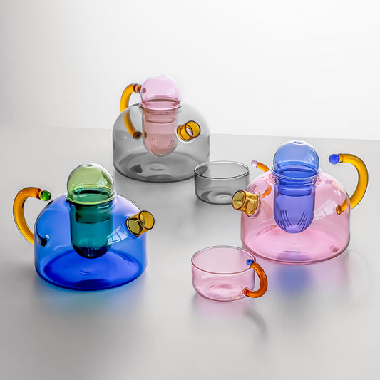 Creative Color-Block High-Temperature Resistant Glass Tea Water Separation Filter Small Teapot for Home Use with Electric Ceramic Stove for Tea Brewing