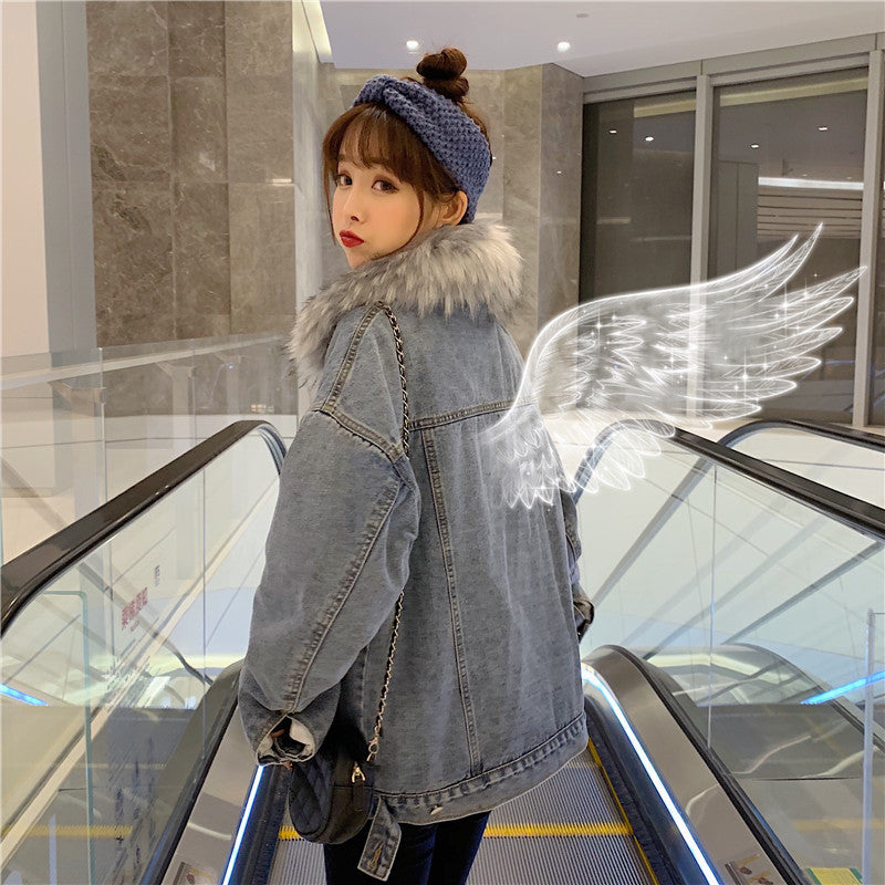 Cross-Border2022Winter New Korean Style Loose Thickened Fleece Rabbit Fur Inner Large Fur Collar Denim Jacket Women's Cotton Coat