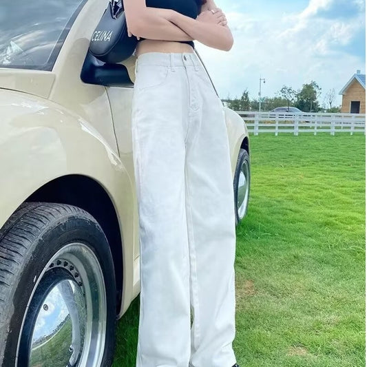 High Waist Loose Slimming Draped Floor-Length White Straight-Leg Jeans for Women Summer New Basic Wide-Leg Pants Trendy