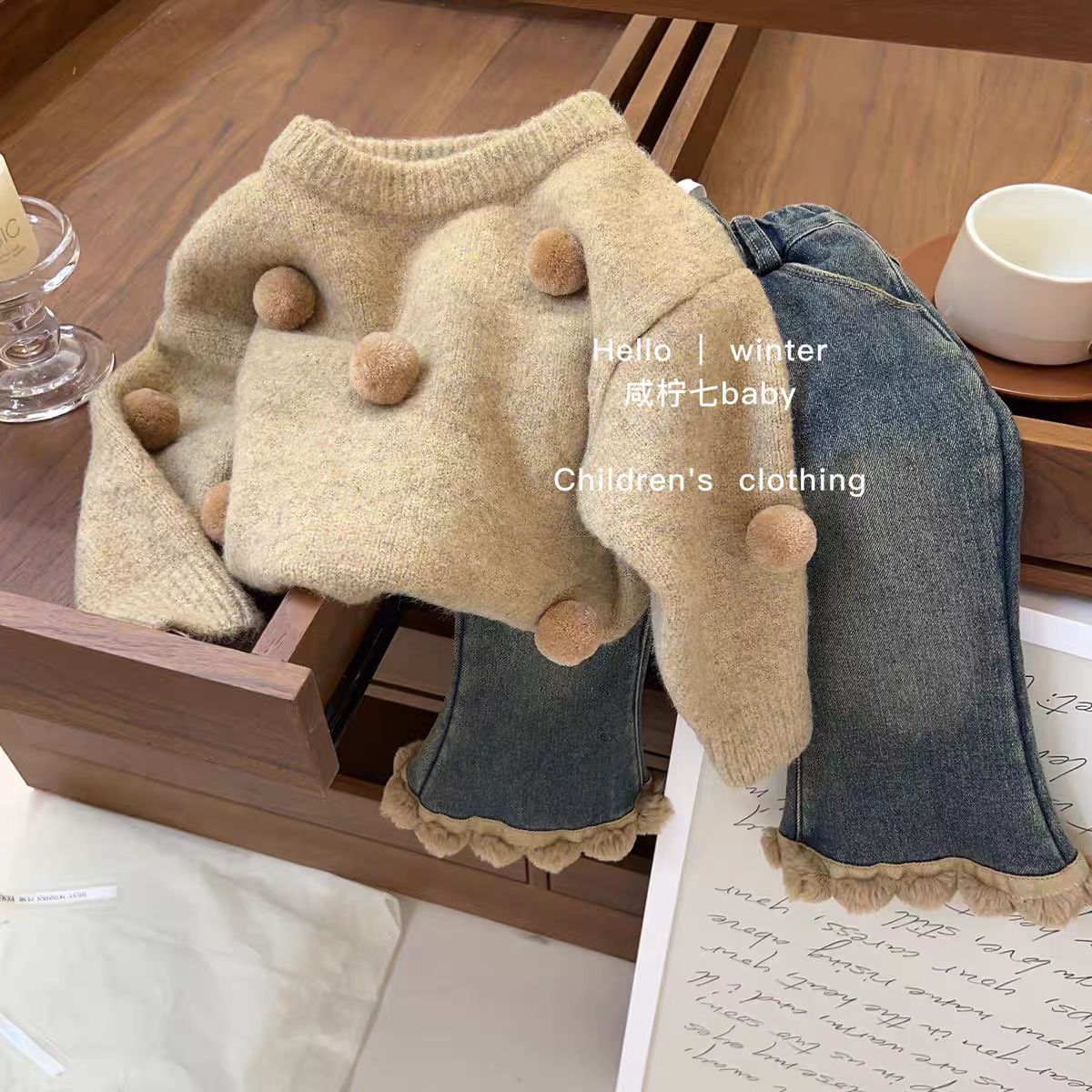Little Salt Lemon Girl's Sweater Set Autumn Winter New Fashionable Baby Knitted Top One-Piece Fleece Jeans Two-Piece Set