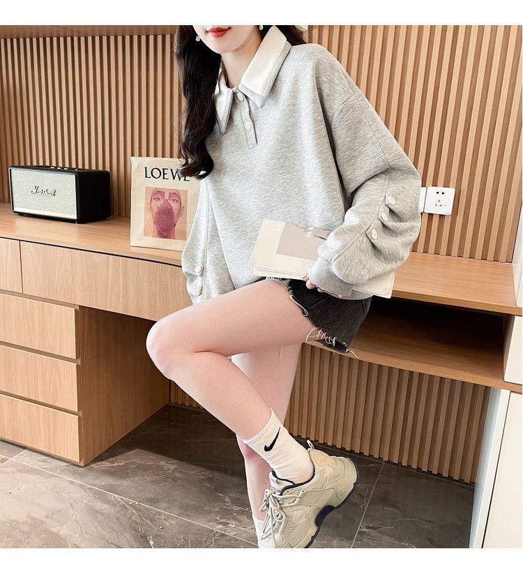 Contrast Color polo Women's Spring and Autumn Thin Sweatshirt2025New Loose Fit Short Design Top for Petite Figures