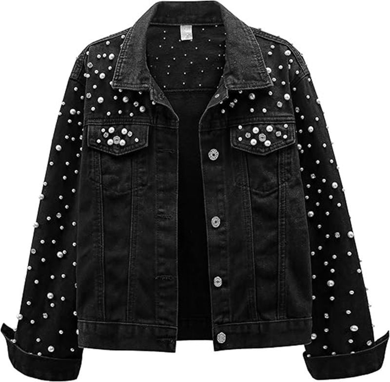 Cross-Border Amazon ebay European and American Style Pearl Denim Jacket Short Rhinestone Denim Jacket Coat Top