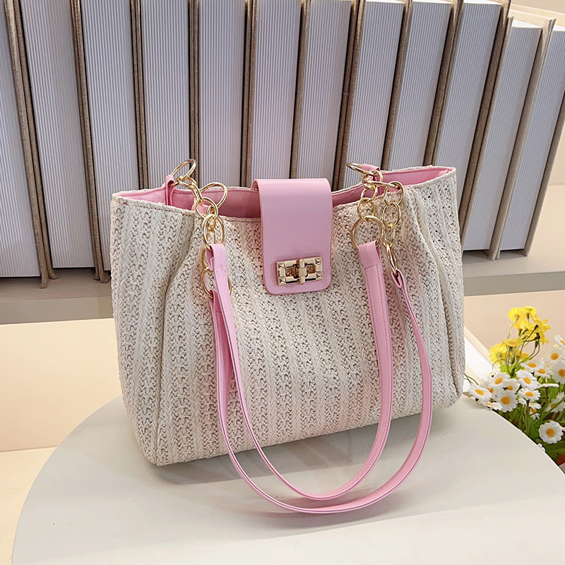 2025Women's Spring New Small Chanel Style Bag for Work Commute Versatile Straw Woven Large Capacity Wide Shoulder Strap Women's Single Shoulder Bag