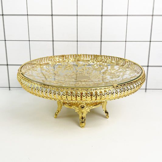 In Stock European Style Glass Gold-Plated Dessert Tray Wedding Decoration Fruit Plate Events Cake Serving Tray