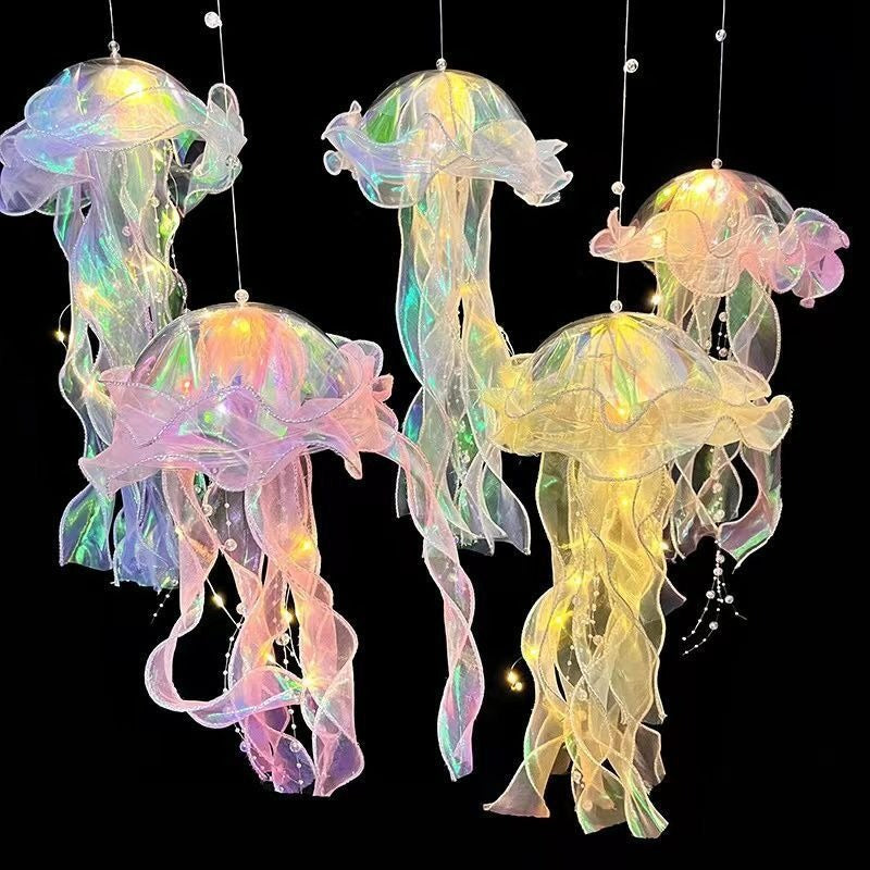 New Handheld Glowing Jellyfish Lantern with Colorful Streamers, Flashing Night Light for Children, Street Stall Night Market Octopus Light Toy