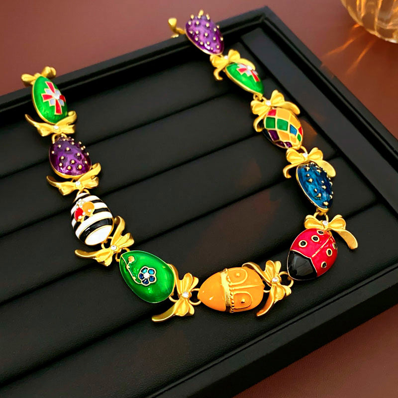 Medieval vintage Water Drop Flower Bow Necklace Palace Style Diamond Inlaid Oil Drop Collarbone Chain High-end Jewelry