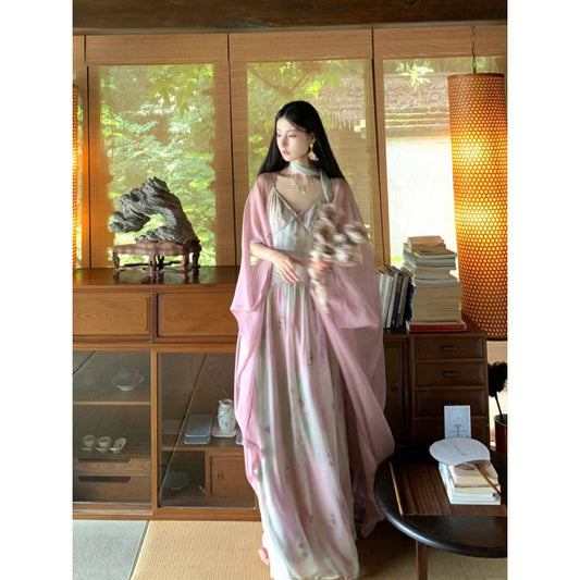 Cool Beauty Lotus Color Fairy-like Summer Atmosphere Cape Blouse Jacket Floral Strap Long Dress Set