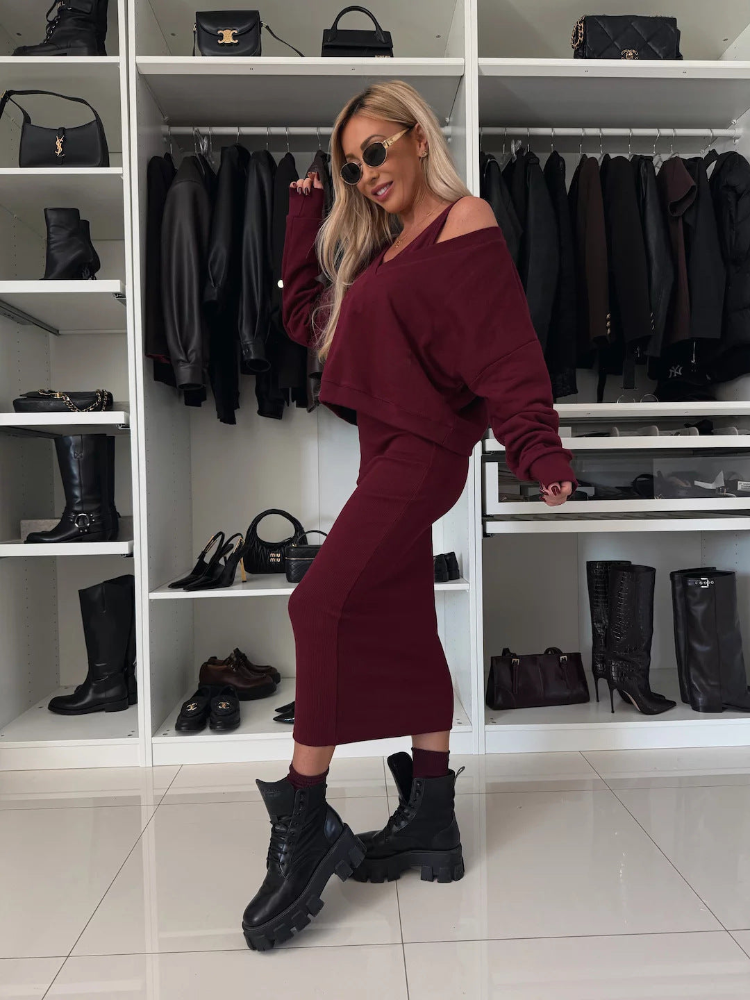 Amazon European and American Cross-Border New Spring Summer Women's Solid Color Clothing V Collar Long Sleeve Sweater Sling Slim Fit Long Dress2Set