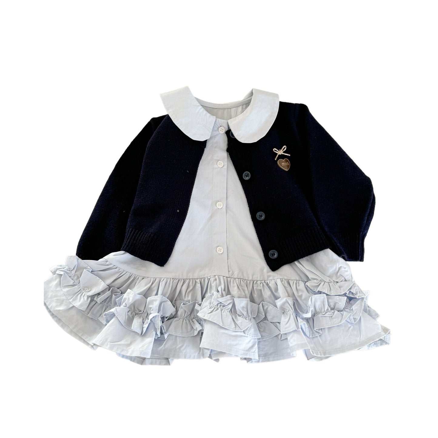 Sweet Little Girl Autumn Outfit Set New Autumn Navy Knitted Sweater Baby Shirt Skirt Fashion Two-Piece Set
