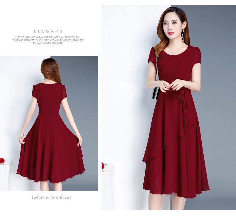 Summer New Fashionable Slimming Age-Reducing Skirt Elegant Mid-Length Style a Round Neck Plus Size Loose Women's Dress