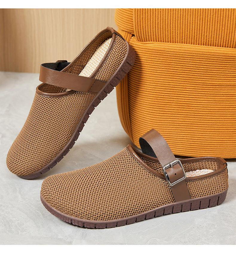 Shoes Women's Casual New Style Versatile Soft Sole Sandals insF French Style Women's Outdoor Slippers Flyknit Mesh Closed Toe Half Slipper