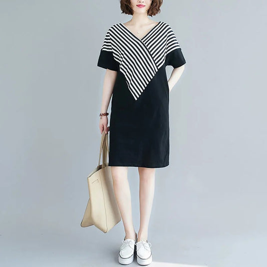 Korean Style Mid-Length Short-Sleeve Striped Patchwork Skirt, Belly-Covering, Slimming, Plus Size, Loose-Fit, Casual V Women's Trendy Collared Dress