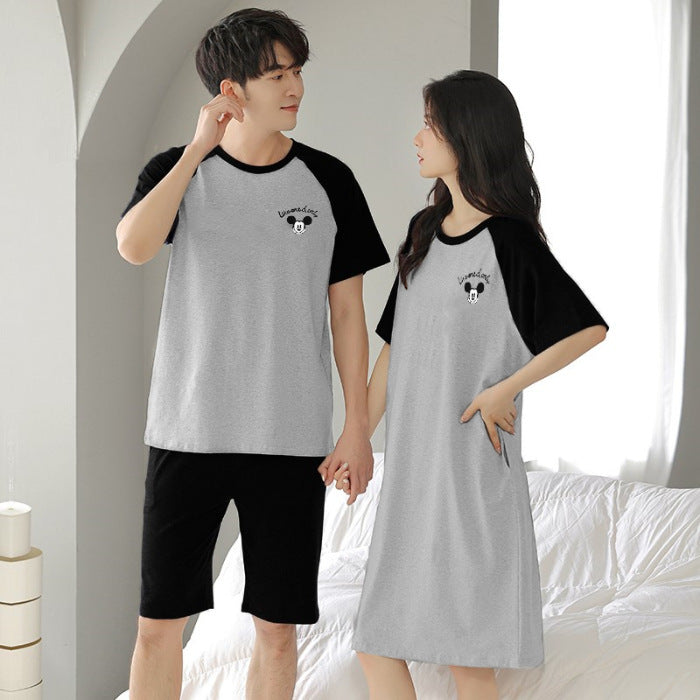 Couple Summer New Pajamas Women's Short Sleeve Imitation Cotton Nightdress Korean Style Wearable Men's Homewear Striped Set
