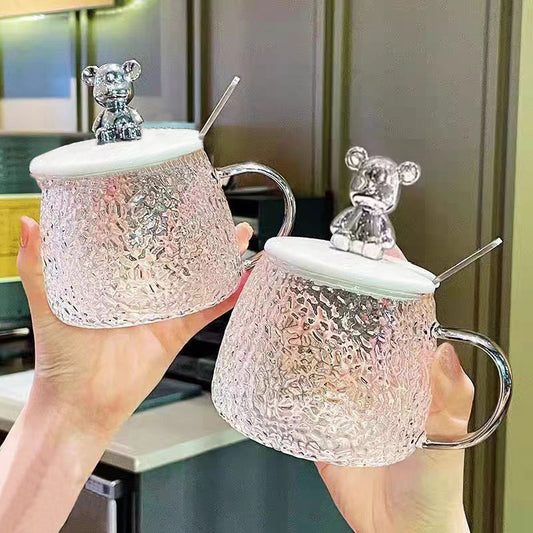 Creative Hammered Bear Glass Cup for Women ins High-Quality Aesthetic Water Cup with Lid for Home Use, Transparent Breakfast Milk Cup