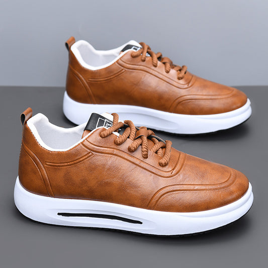 Men's Lace-up PU Waterproof Casual Leather Shoes Solid Color Shallow Mouth Soft Sole Soft Surface Low-top Men's Single Shoes Business Shoes