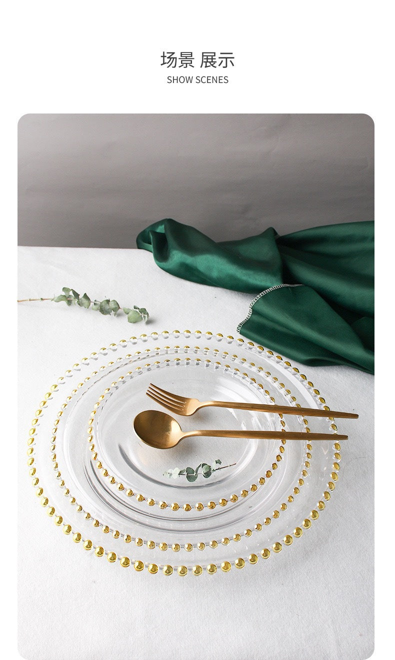 Nordic Gold-Plated Bead Plate Luxury Glass Electroplated Plate Round Pearl Western Steak Plate Silver Large Size Bead Plate