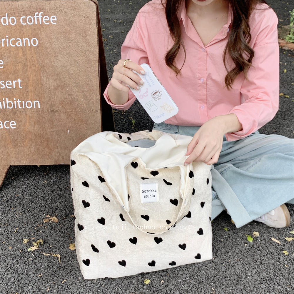 Little White Rabbit Desk New Textured Heart Canvas Single Shoulder Vest Bag Large Capacity Handbag for Women Underarm Small Win Shuo