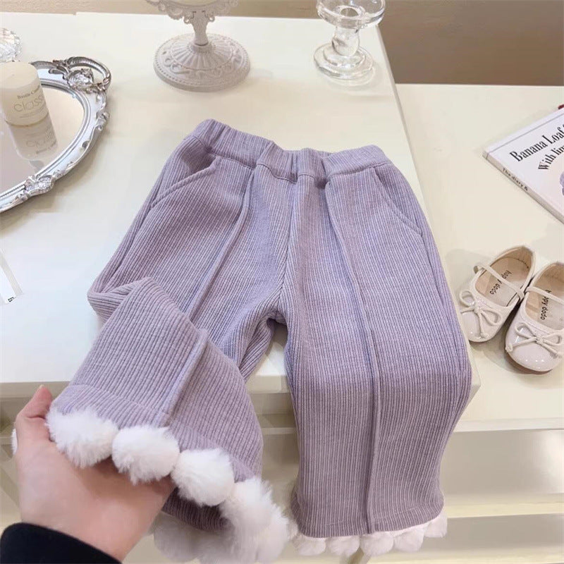 Girls Winter Two-Piece Set New Korean Fashion Baby Cardigan Knitted Autumn Winter Sweater Jacket Fleece-Lined Long Pants