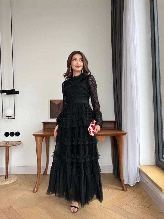 2025Early Autumn New Bell Sleeve Vintage Lace Mesh Patchwork Dress Women Slim Elegant Long Dress