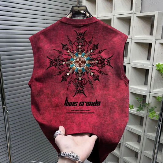 American Style Trendy Brand Fashion2025Fashionable Men's Sleeveless Vest t T-shirt Summer Tie-dye Printed Loose Vest Top