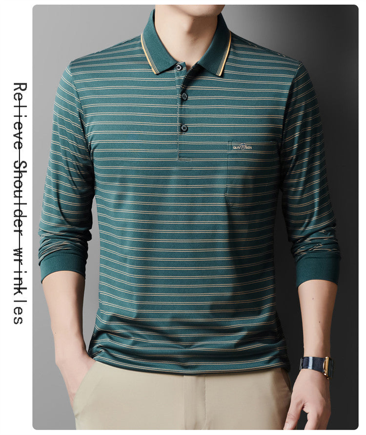 Autumn Men's Long Sleeve Cotton t Shirt for Middle-aged Dad Autumn Outfit with Turn-down Collar and Stripes POLO Base Layer Shirt T Grandpa's clothes