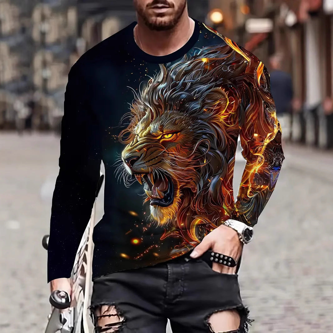 European and American Cross-Border Amazon Foreign Trade Men's Animal Fashion3D Digital Printing Casual Round Neck Long Sleeves T T-Shirt Wholesale