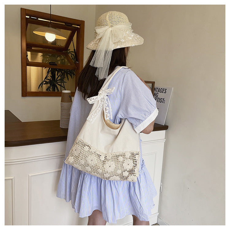 Design Summer Vacation Style Large Capacity Beach Bag Niche Lace Canvas Underarm Bag Women's Floral Single Shoulder Tote Bag